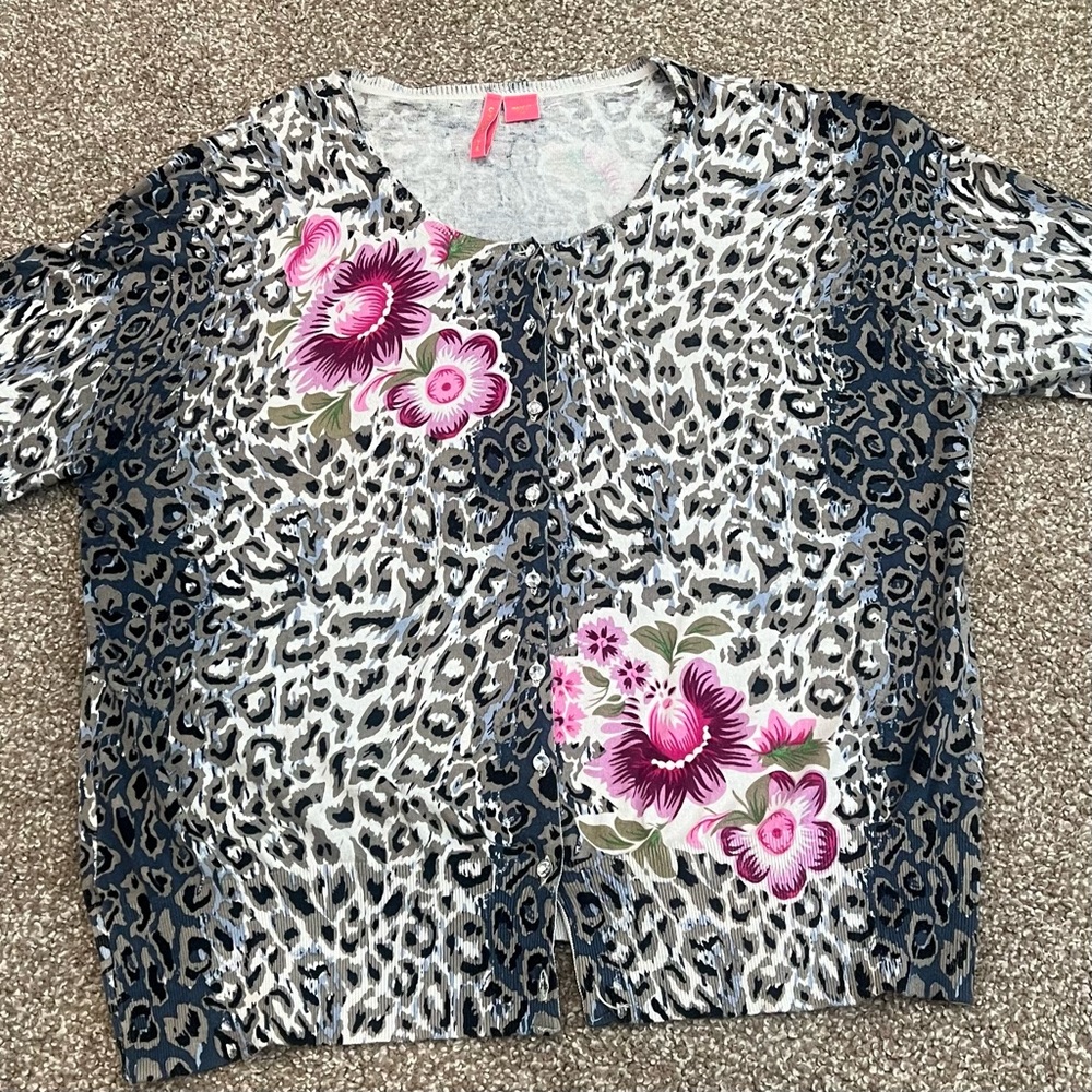 Y2K 2000s Charolette Cheetah Leopard Floral Rose Sequin 3/4 Sleeve Top XL
